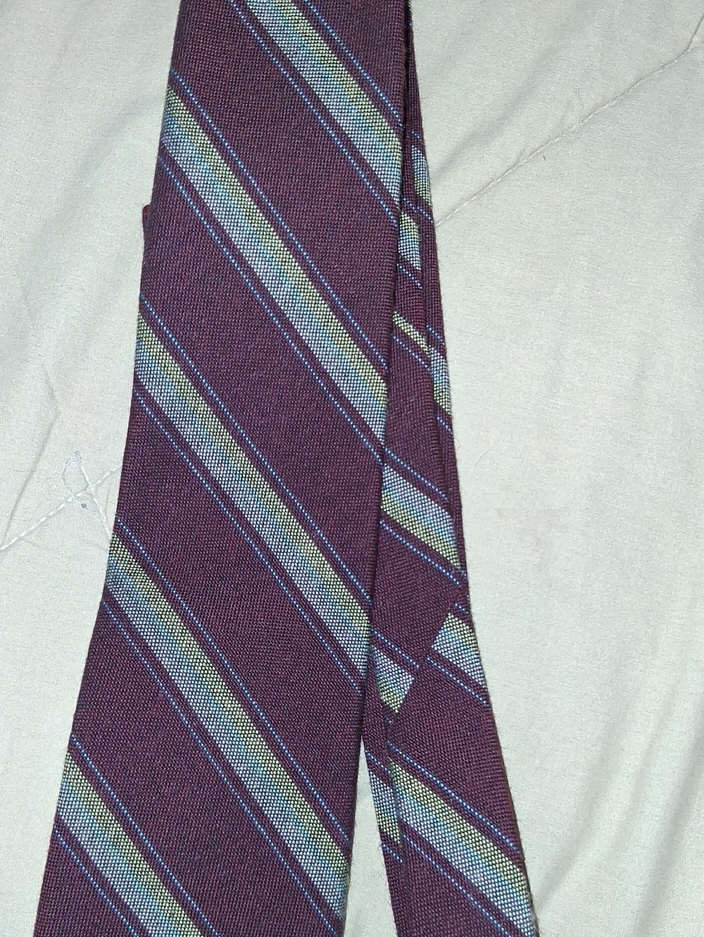 Classic Purple Striped Men's Tie with Light Blue and Pale Green Accents